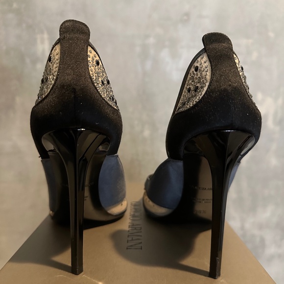 GIORGIO ARMANI Black, Gray, Satin, Mesh & Rhinestone Formal Heels - Size 6.5 - Picture 4 of 10